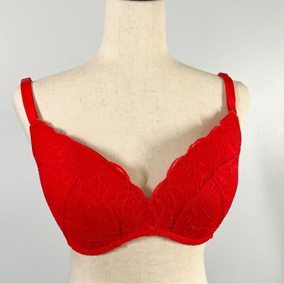 Lively Scalloped Lace No-Wire Push-Up Convertible Bra Tomato Red 34DDD - Picture 4 of 7